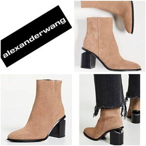 Alexander Wang Suede Ankle Boots Taupe Block Heel Zip Booties Size 36.5 US 6